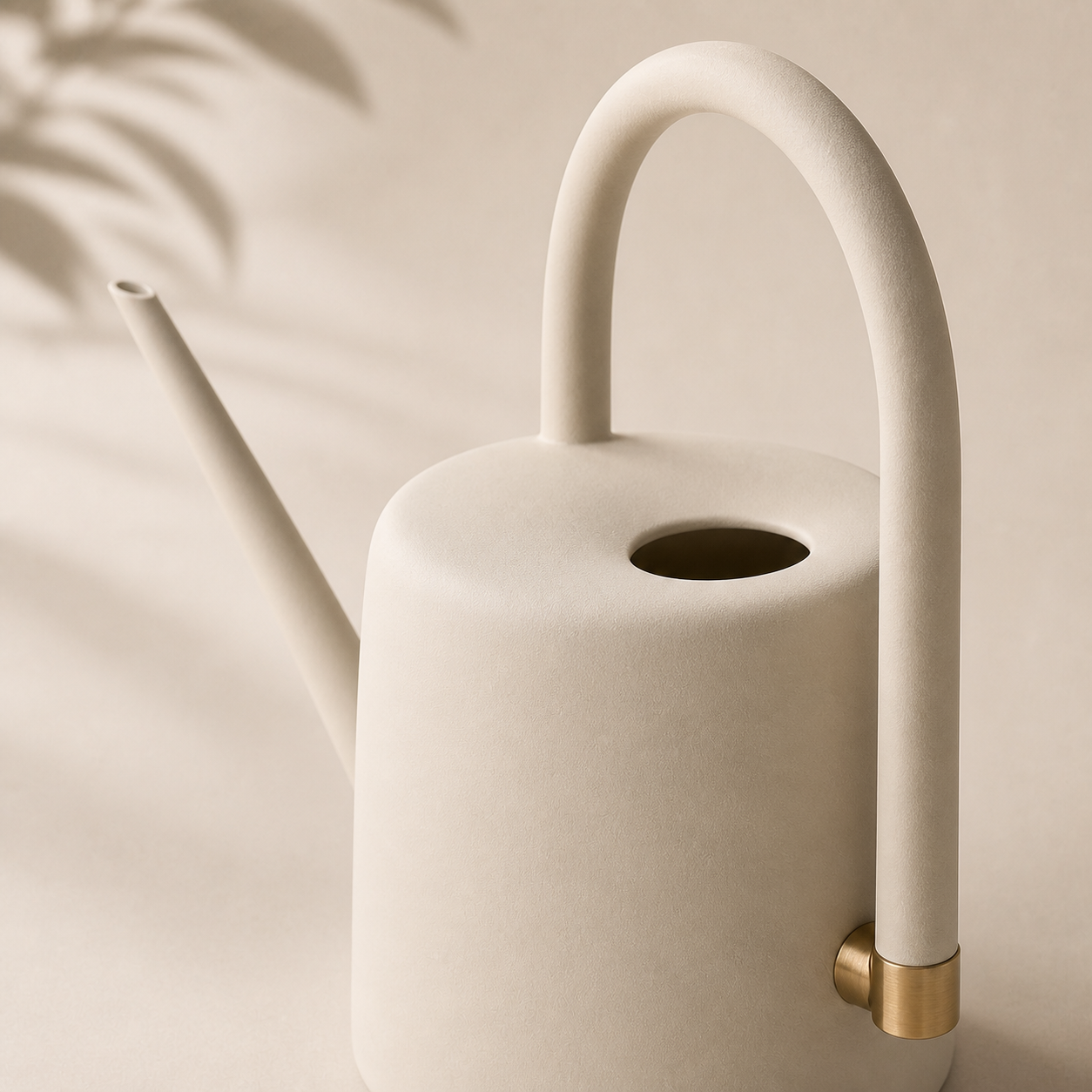 Powder-coated texture and brass collar on the Arc Indoor Watering Can