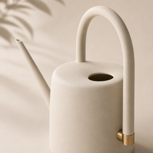 Powder-coated texture and brass collar on the Arc Indoor Watering Can