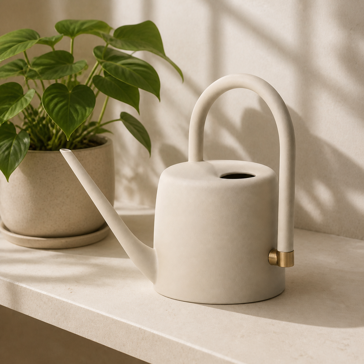 Arc Indoor Watering Can beside an indoor houseplant