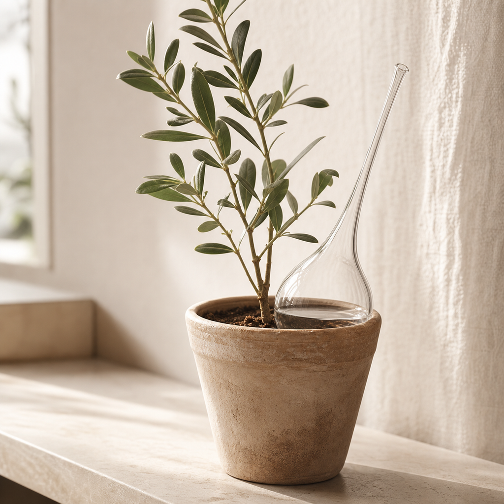 Drop Glass Watering Globe installed in an indoor plant pot
