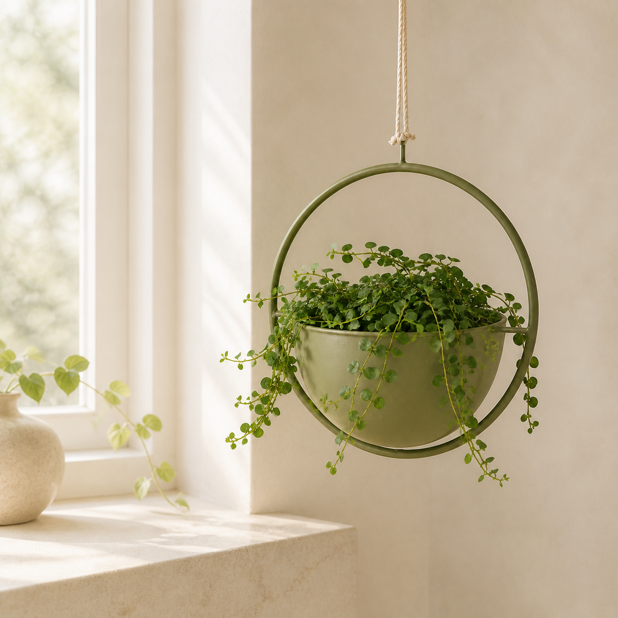 Halo Hanging Planter in a bright indoor window setting