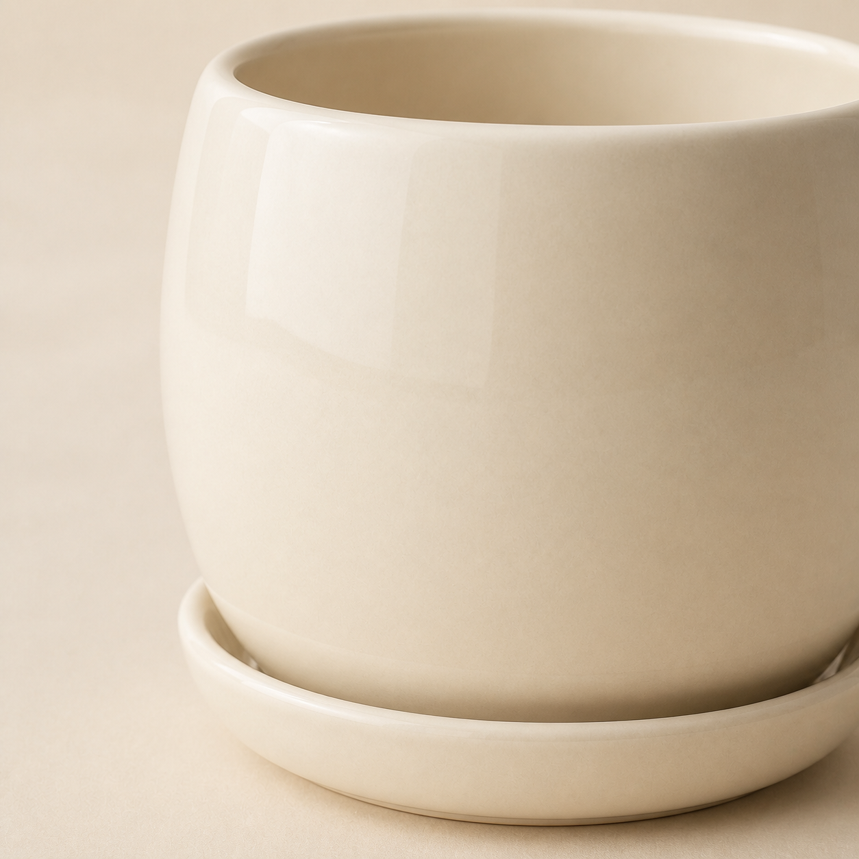 Glazed stoneware detail of the Lune Planter 12 and saucer
