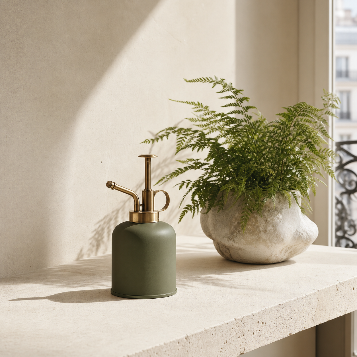 Moss Fine Mist Vessel used beside indoor foliage