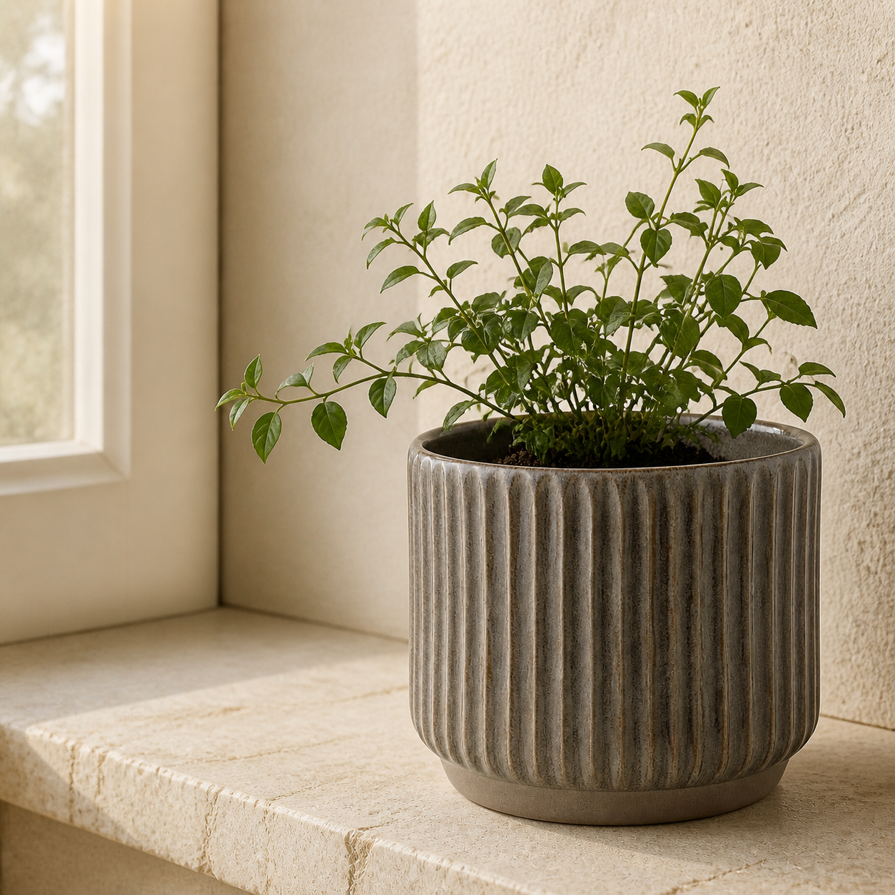 Ridge Cachepot 15 with a small indoor plant