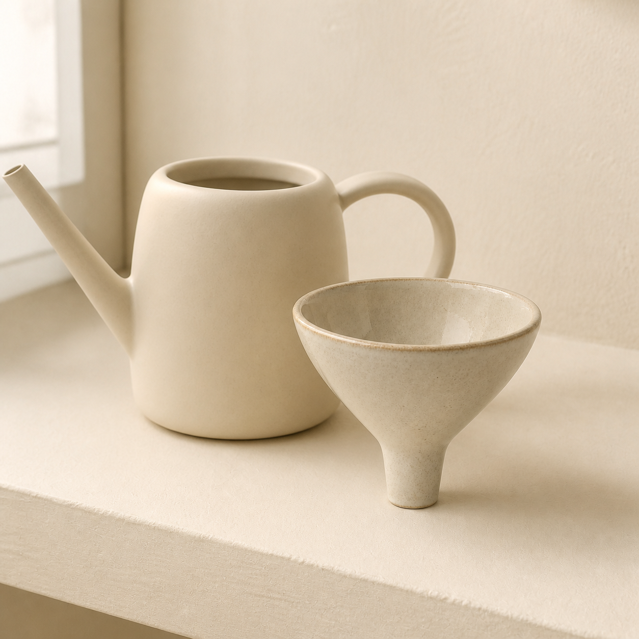 Still Watering Funnel beside an ivory watering vessel