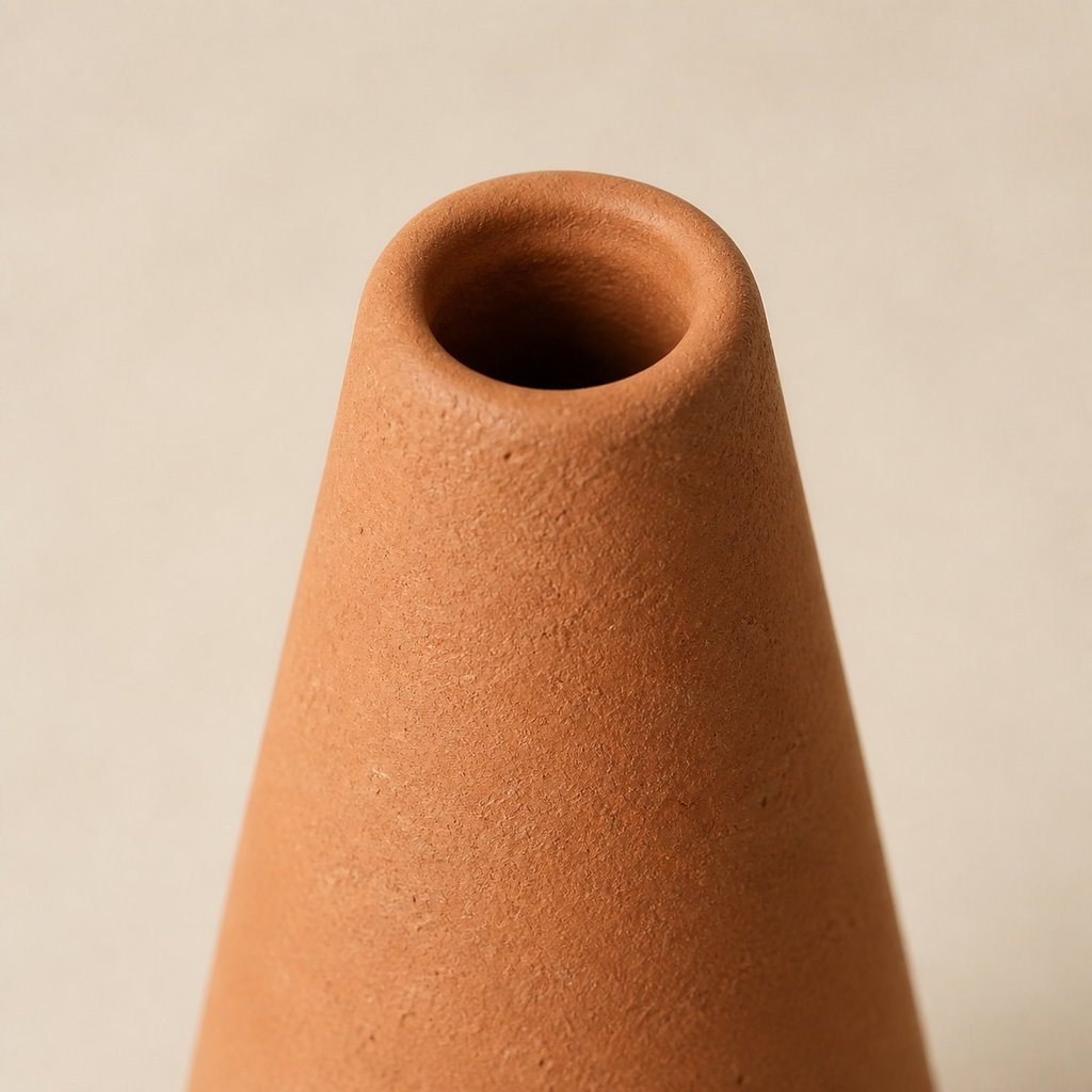 Porous terracotta texture and open rim of the Terra Slow-Water Cone