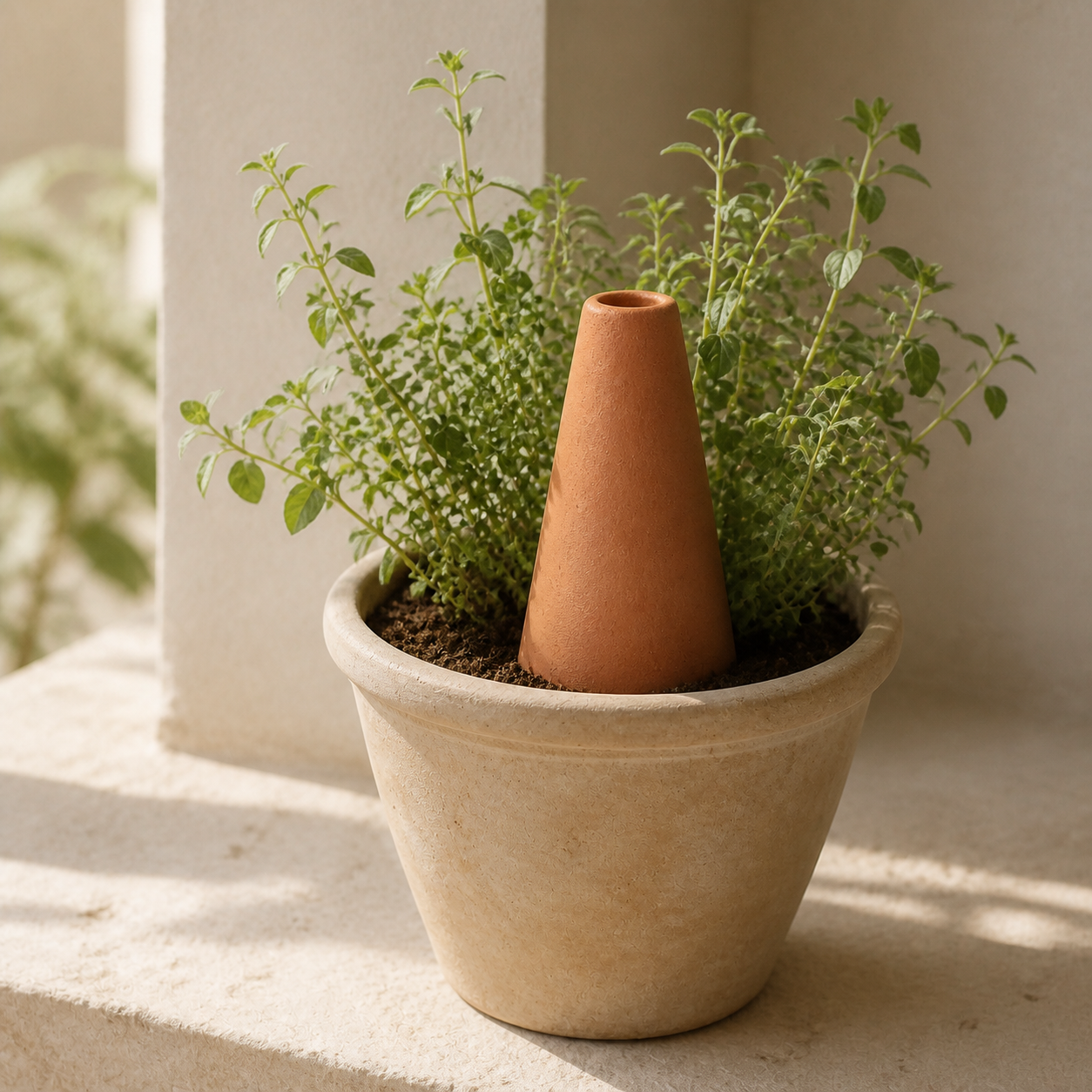 Terra Slow-Water Cone installed in an indoor herb pot