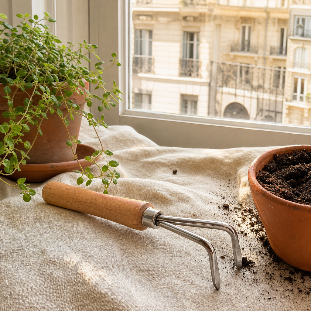 Tine Root Rake — styled in use