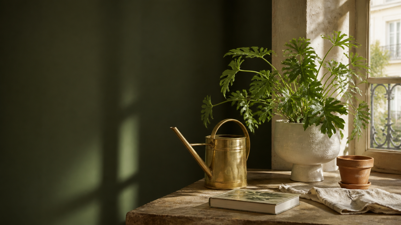 Indoor garden still life with a brass watering can and ceramic planter